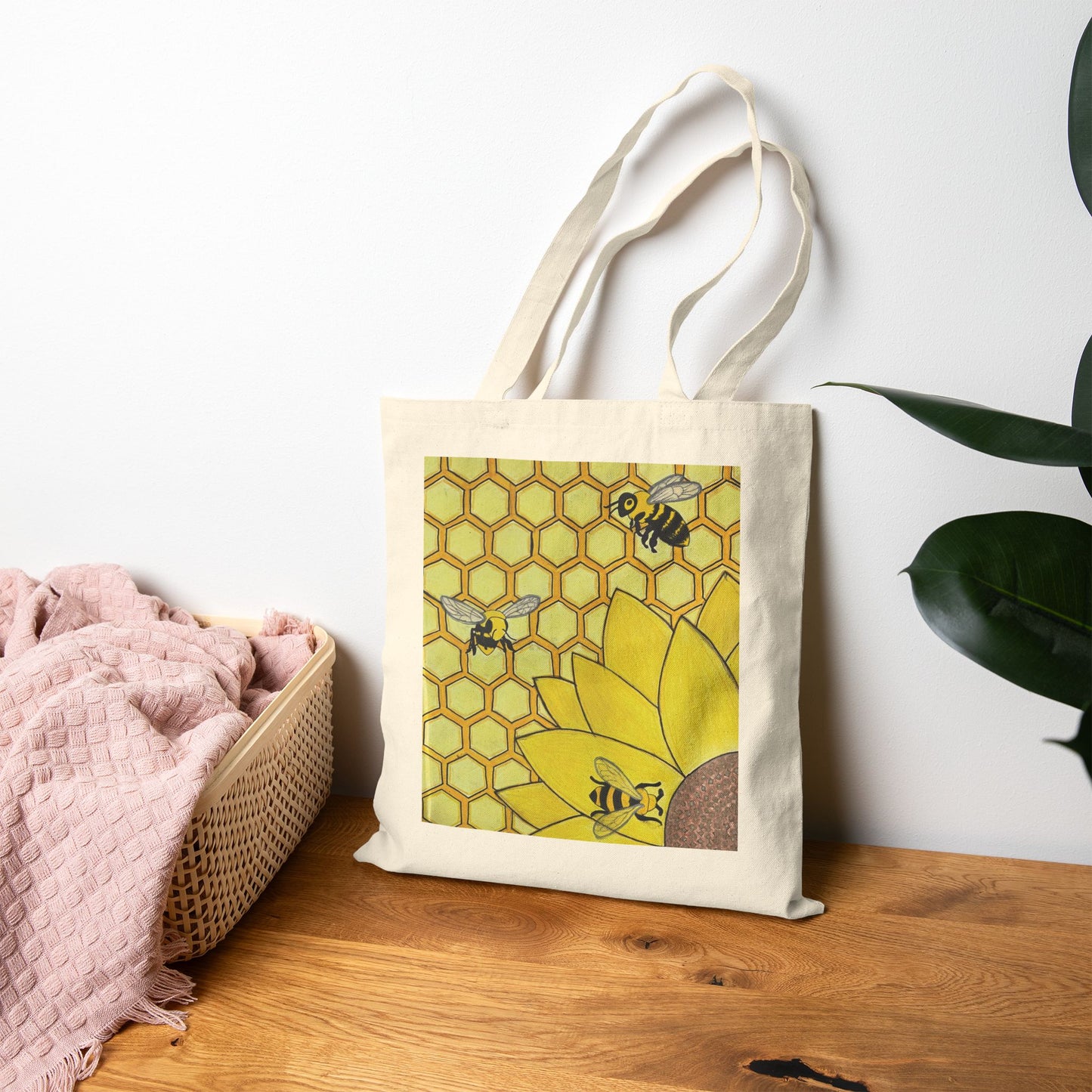 Cotton Canvas Tote Bag- Bees & Sunflower